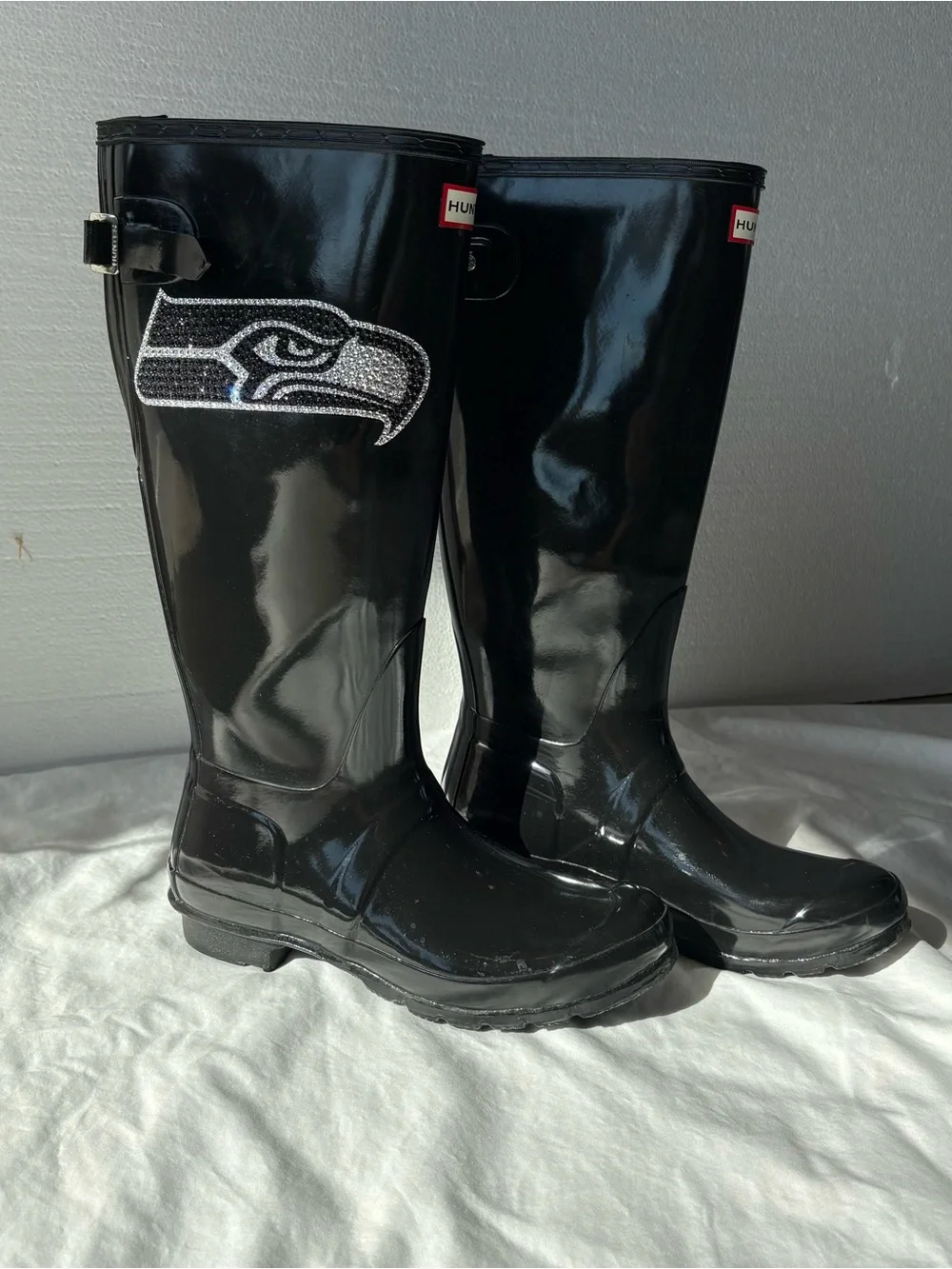 Seahawks Womens Hunter Tall Glossy Black Rainboots, size 10